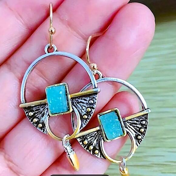 Turquoise Stone Boho Dangle Earrings - Picture 4 of 6